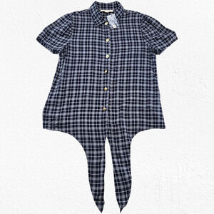 Paper Crown Navy White Plaid Tie-Front Short Sleeve Button Down Blouse Size XS